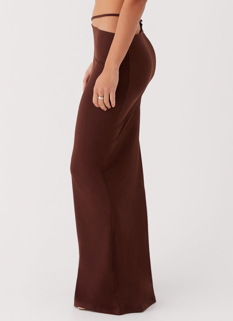 Womens Like You Do Low Rise Maxi Skirt in the colour Chocolate in front of a light grey background