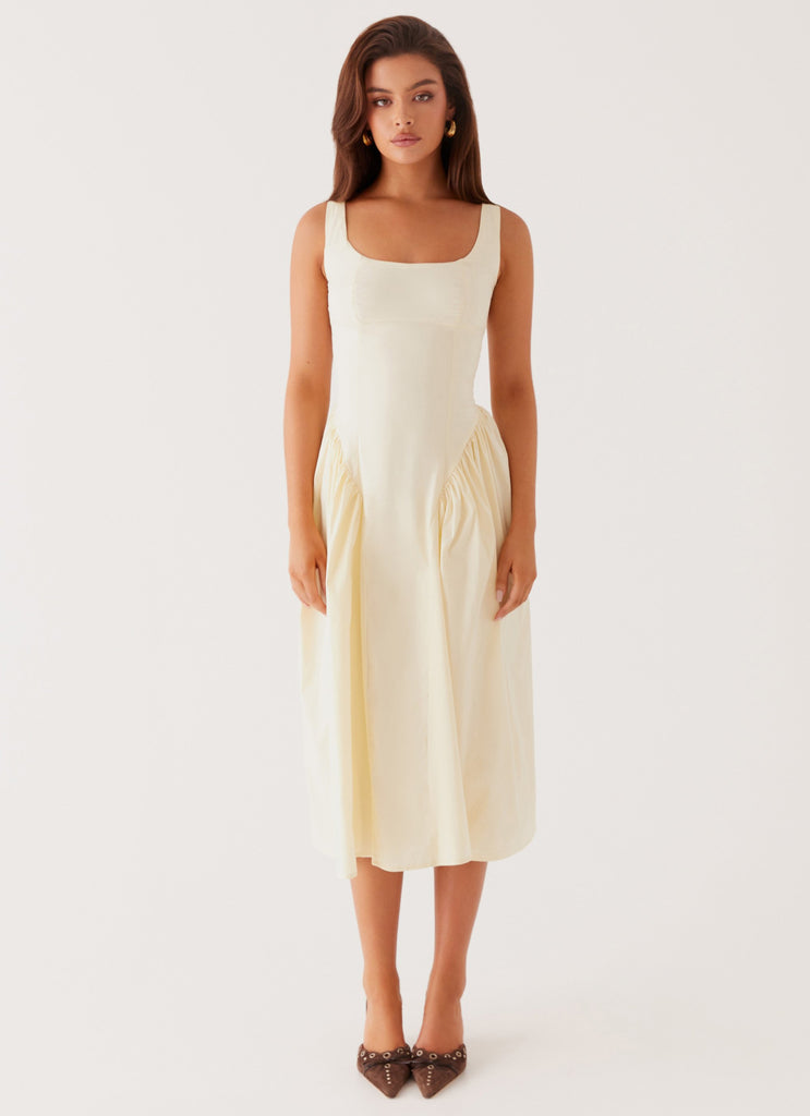 Womens Sassy Soiree Midi Dress in the colour Cream in front of a light grey background