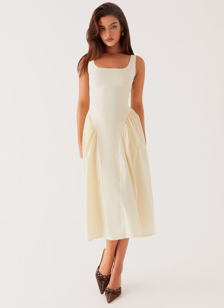 Womens Sassy Soiree Midi Dress in the colour Cream in front of a light grey background