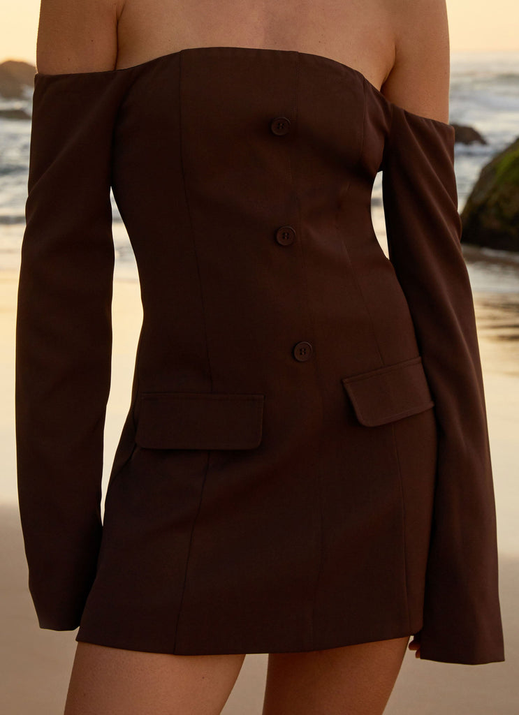 Womens Dominique Blazer Mini Dress in the colour Chocolate in front of a light grey background