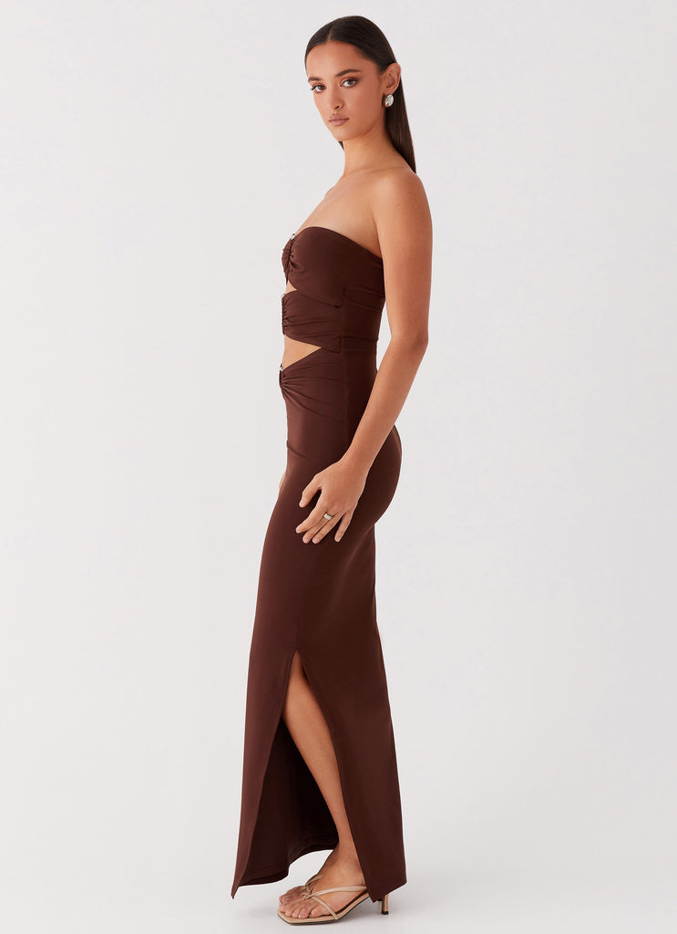 Womens Natasha Strapless Maxi Dress in the colour Chocolate in front of a light grey background