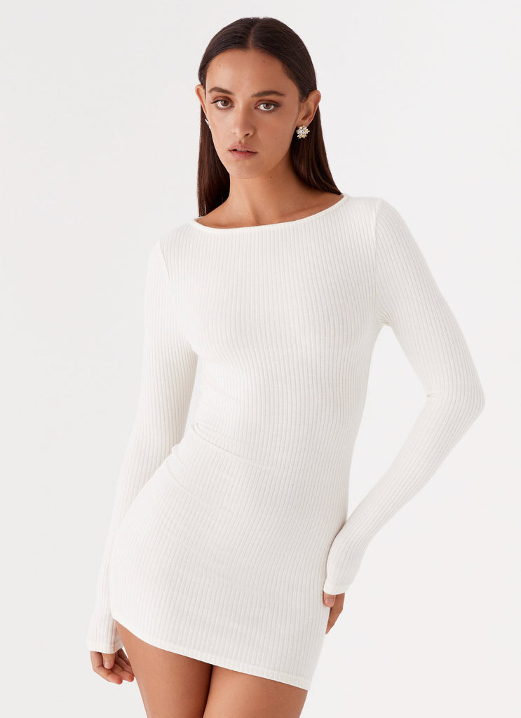 Womens Allie Knit Mini Dress in the colour Ivory in front of a light grey background