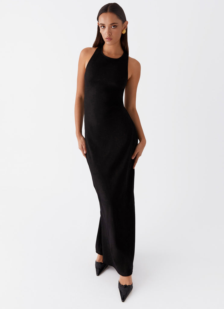 Womens Alice Cut Out Maxi Dress in the colour Black in front of a light grey background