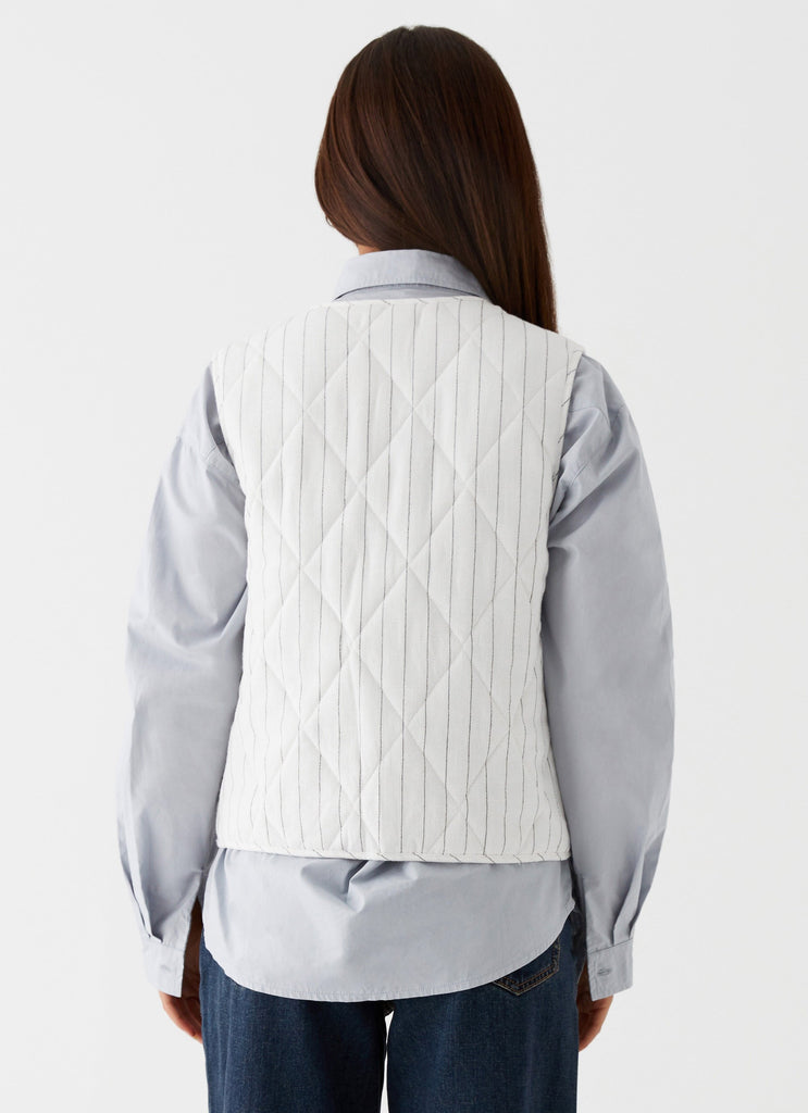 Womens Celini Quilted Vest in the colour White Pinstripe in front of a light grey background