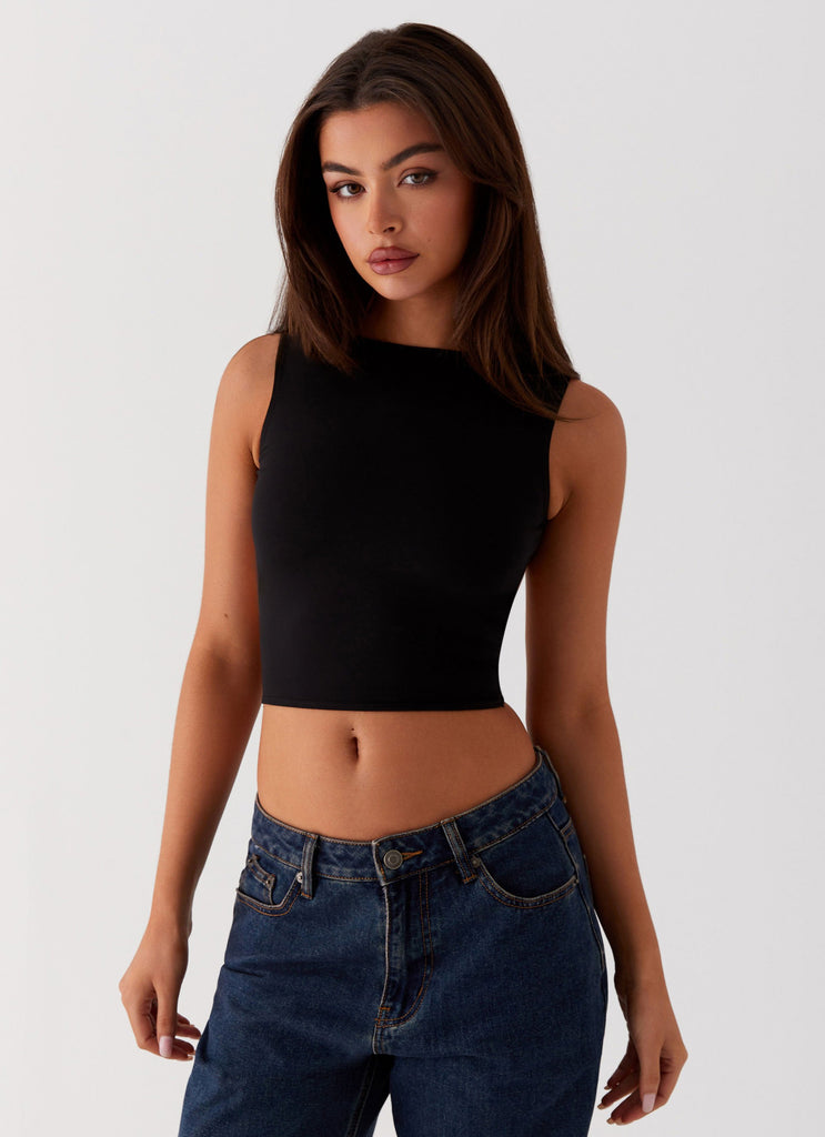 Womens Saskie Crop Top in the colour Black in front of a light grey background