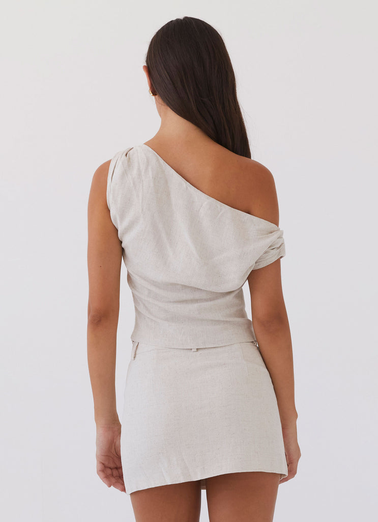 Womens Marissa Linen One Shoulder Top in the colour Oatmeal in front of a light grey background