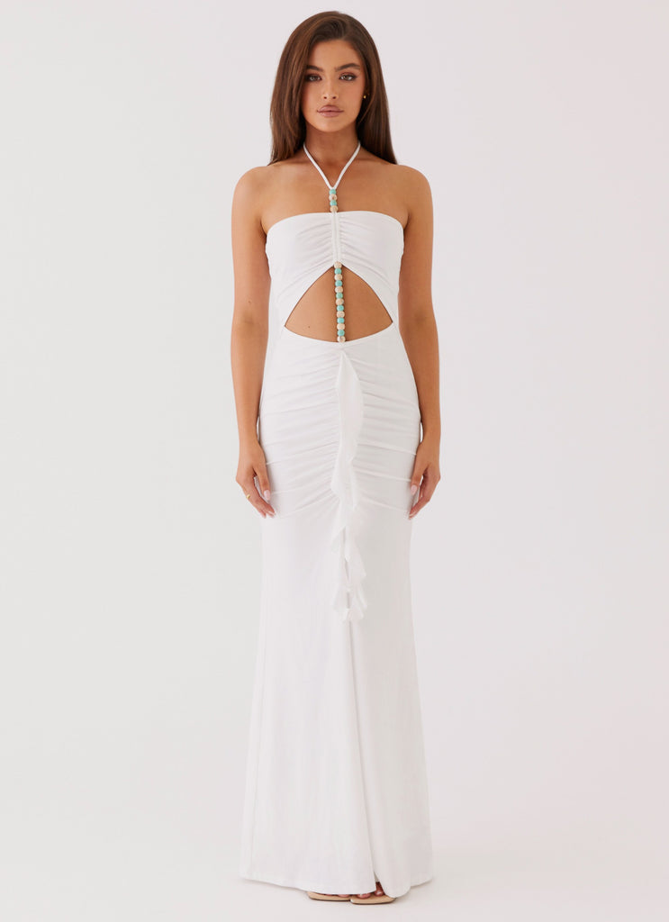 Womens Serina Ruffle Maxi Dress in the colour White in front of a light grey background