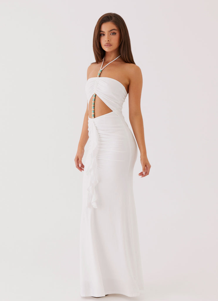 Womens Serina Ruffle Maxi Dress in the colour White in front of a light grey background