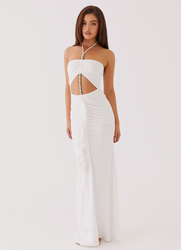 Womens Serina Ruffle Maxi Dress in the colour White in front of a light grey background