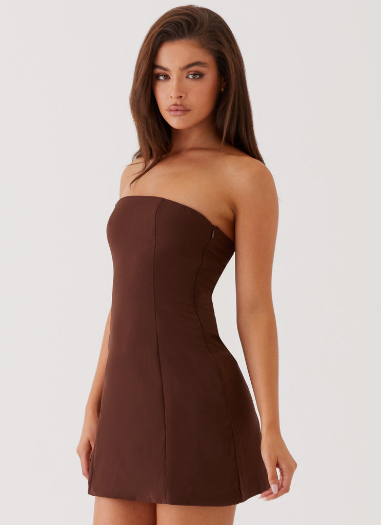 Womens Ayanna Strapless Mini Dress in the colour Chocolate in front of a light grey background