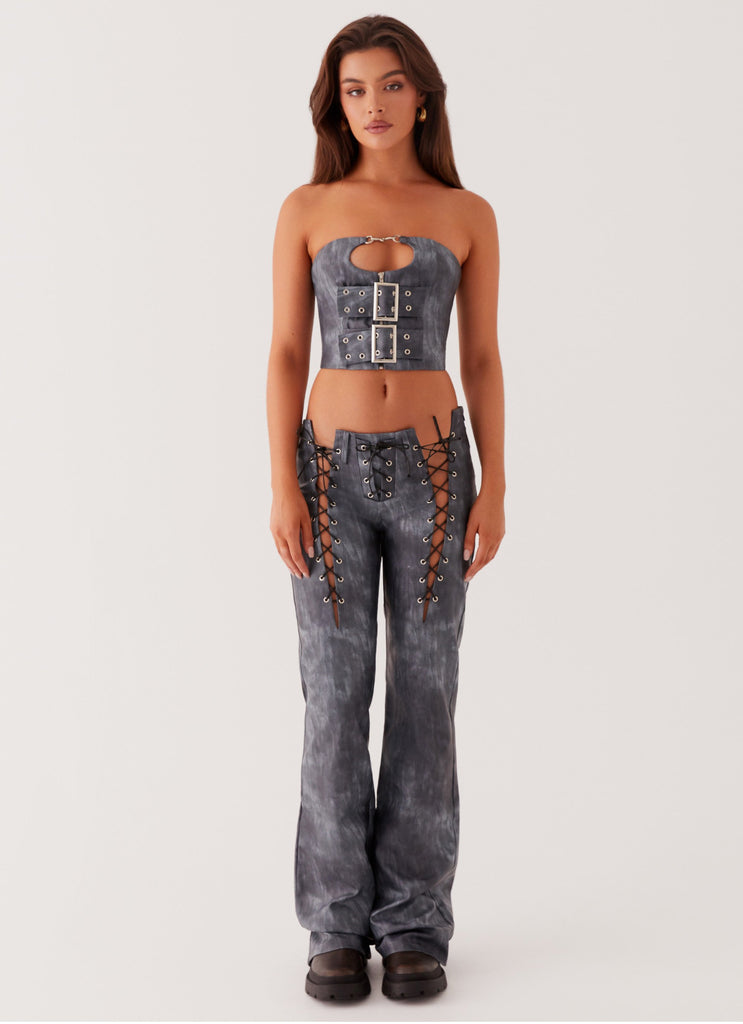 Womens Better When I'm Dancing Lace Up Pants in the colour Graphite in front of a light grey background