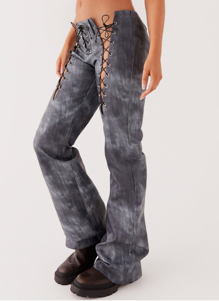 Womens Better When I'm Dancing Lace Up Pants in the colour Graphite in front of a light grey background