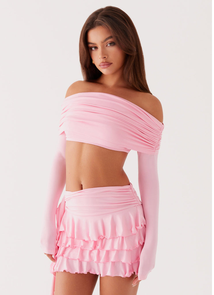 Womens Bardot Frill Mini Skirt in the colour Candy Pink in front of a light grey background