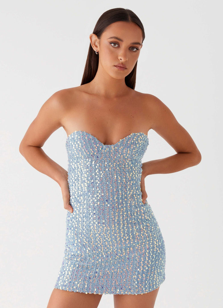 Womens Disturbia Sequin Mini Dress in the colour Sequin Denim in front of a light grey background