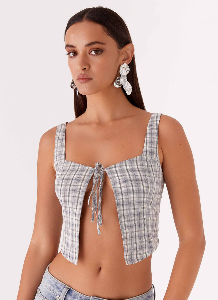 Womens Oasis Dreams Tie Top in the colour Check in front of a light grey background