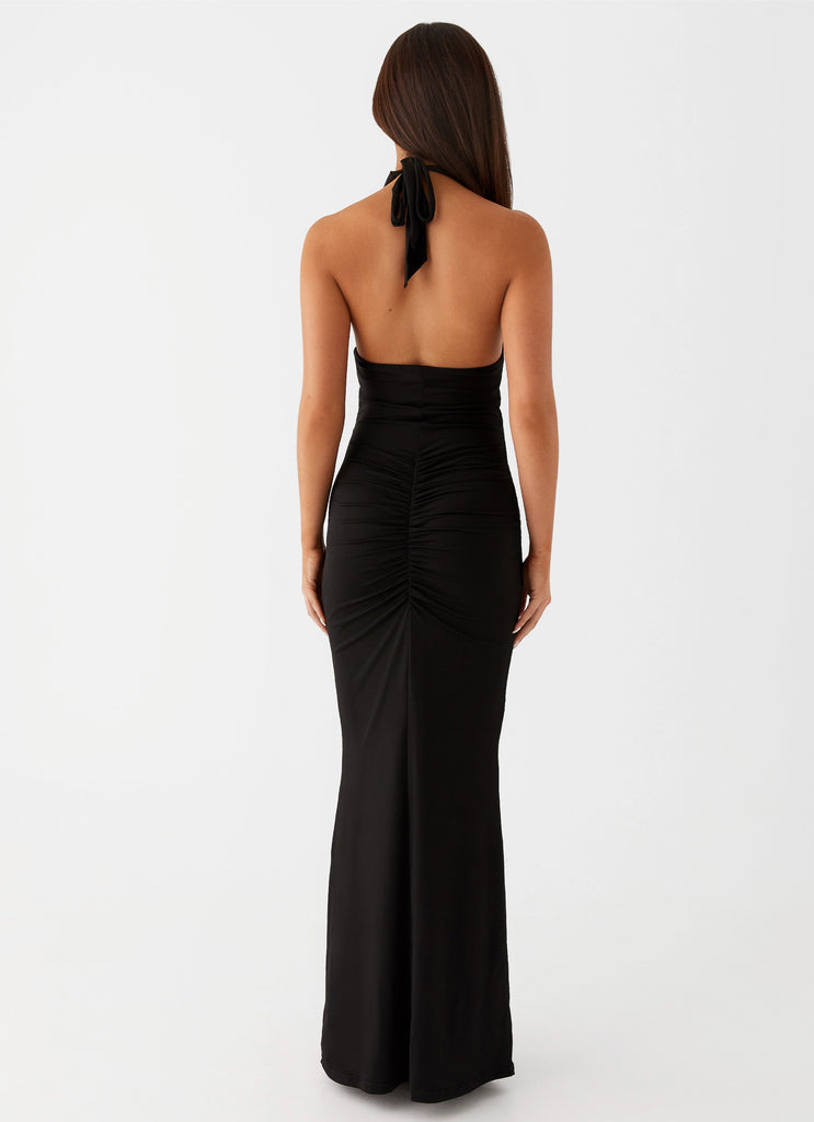 Womens Allanna Frill Maxi Dress in the colour Black in front of a light grey background