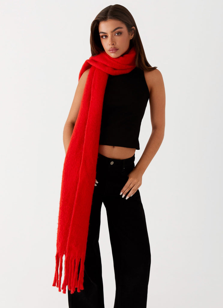 Womens Claret Plain Knit Scarf in the colour Red in front of a light grey background