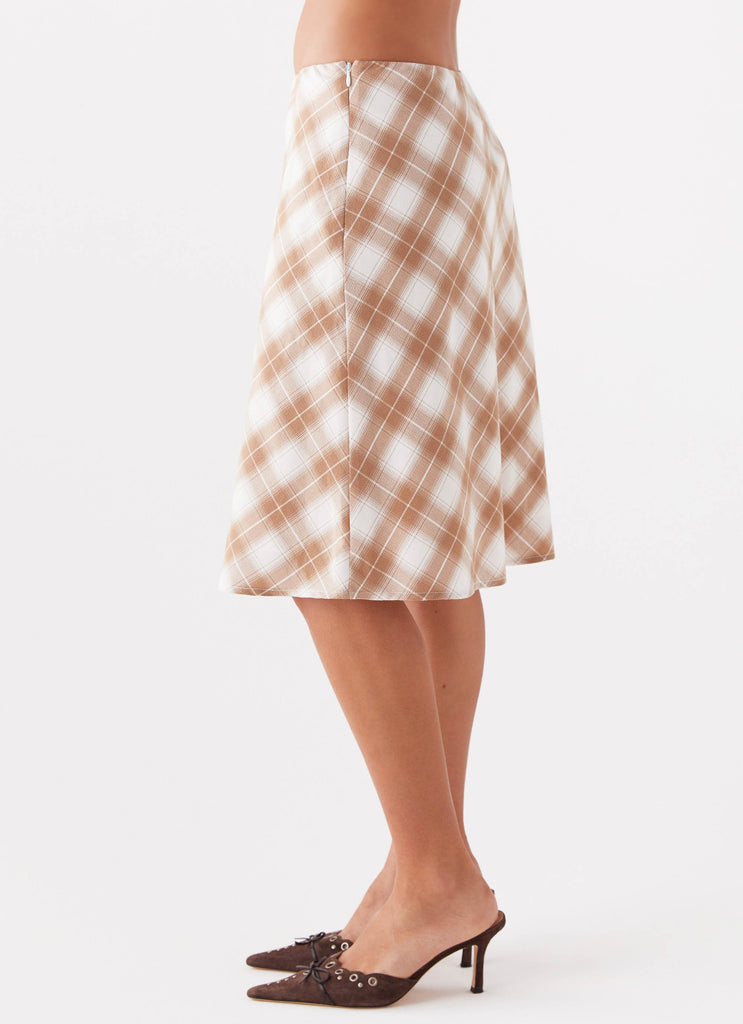 Womens Andie Midi Skirt in the colour Brown/White Plaid in front of a light grey background