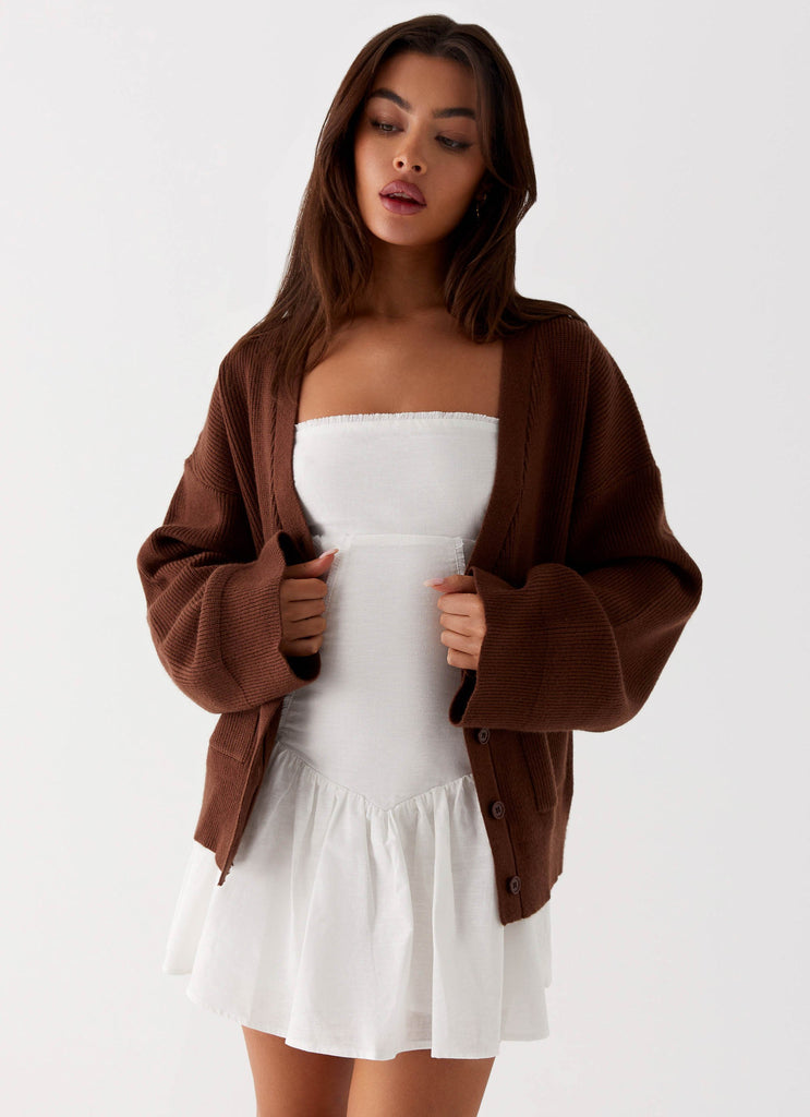 Womens Liza Knit Cardigan in the colour Chocolate in front of a light grey background