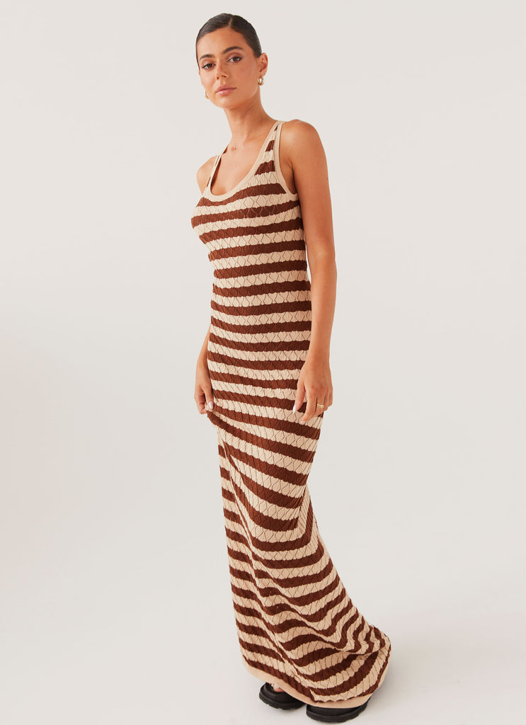 Womens Off The Record Knit Maxi Dress in the colour Cinnamon Stripe in front of a light grey background