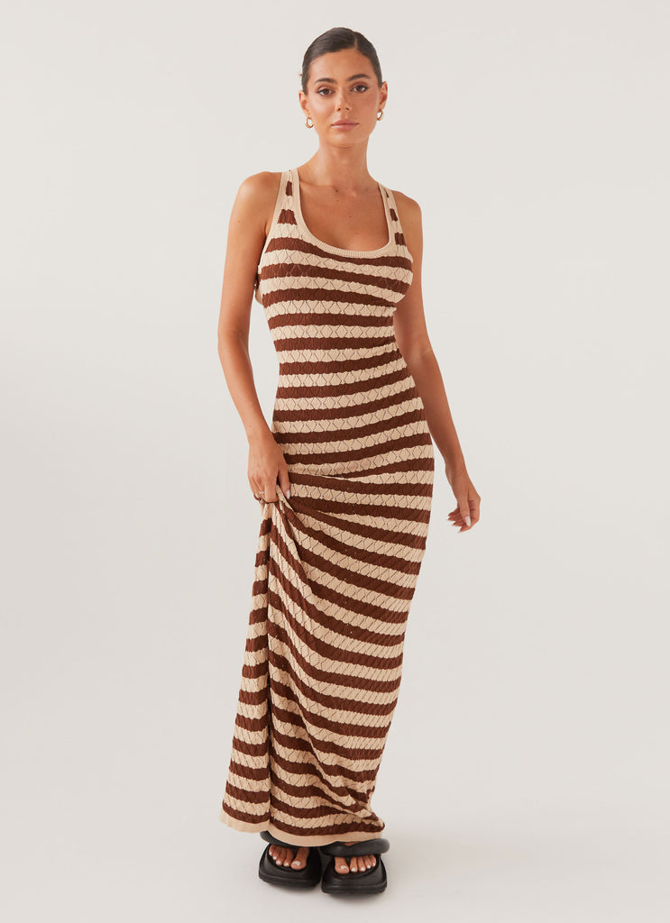 Womens Off The Record Knit Maxi Dress in the colour Cinnamon Stripe in front of a light grey background