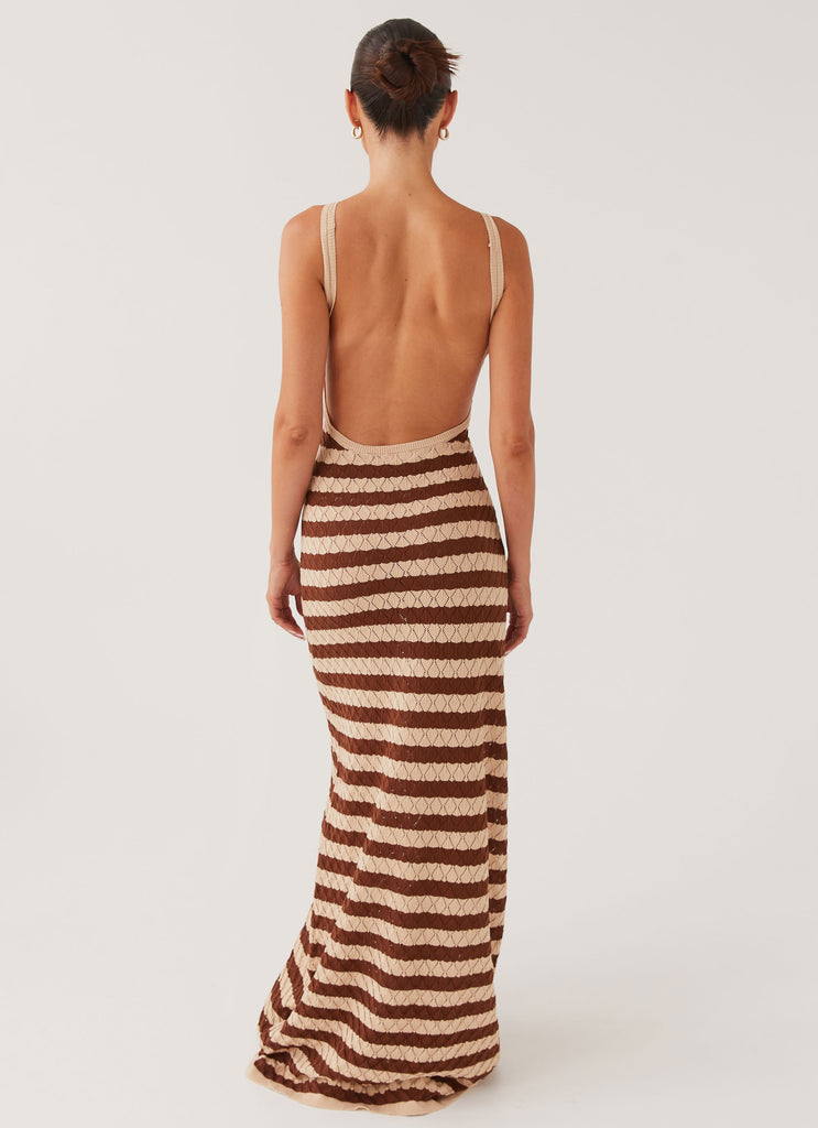 Womens Off The Record Knit Maxi Dress in the colour Cinnamon Stripe in front of a light grey background