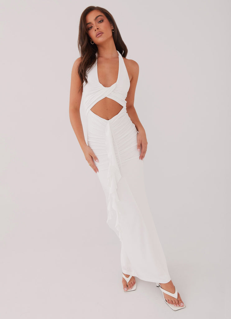 Womens Allanna Frill Maxi Dress in the colour White in front of a light grey background