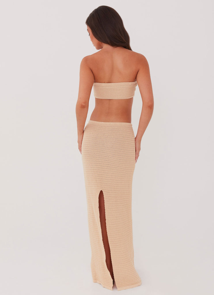 Womens Emaline Knit Maxi Skirt in the colour Beige in front of a light grey background