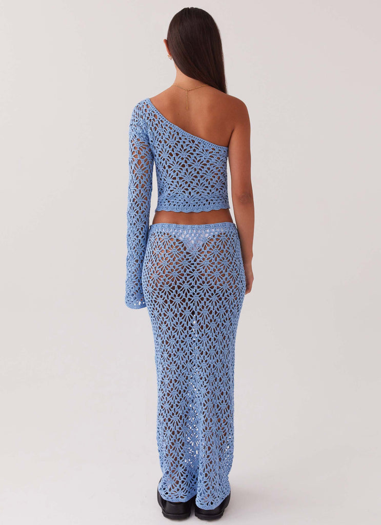 Womens Merliah Crochet Maxi Skirt in the colour Blue in front of a light grey background