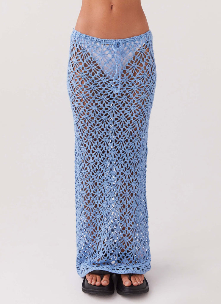 Womens Merliah Crochet Maxi Skirt in the colour Blue in front of a light grey background