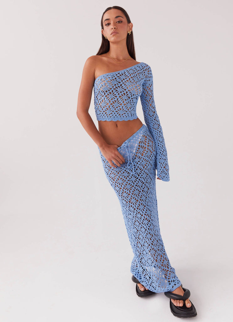 Womens Merliah Crochet Maxi Skirt in the colour Blue in front of a light grey background