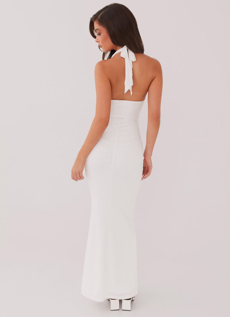 Womens Allanna Frill Maxi Dress in the colour White in front of a light grey background