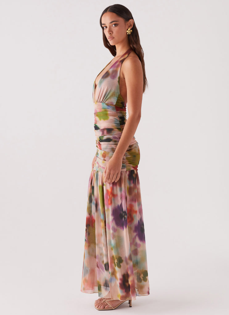 Womens Outcast Maxi Dress in the colour Mystic Meadow in front of a light grey background