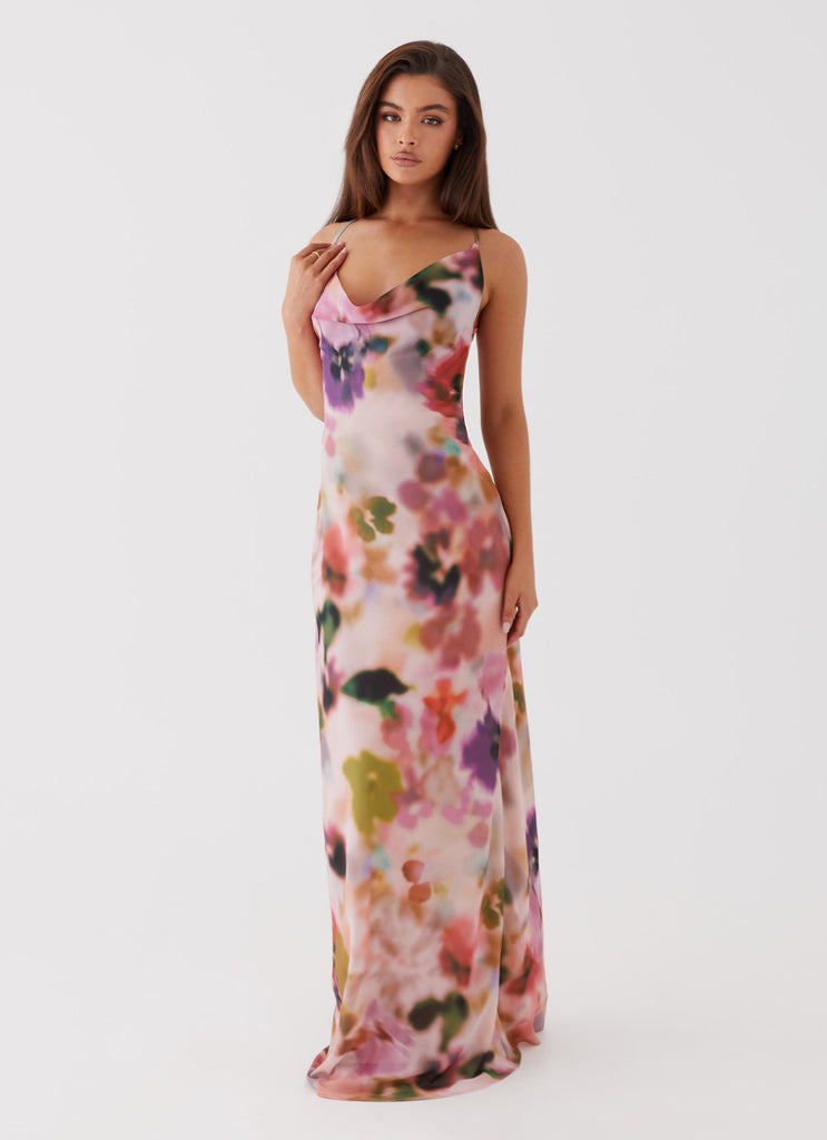 Womens Abigail Cowl Maxi Dress in the colour Mystic Meadow in front of a light grey background