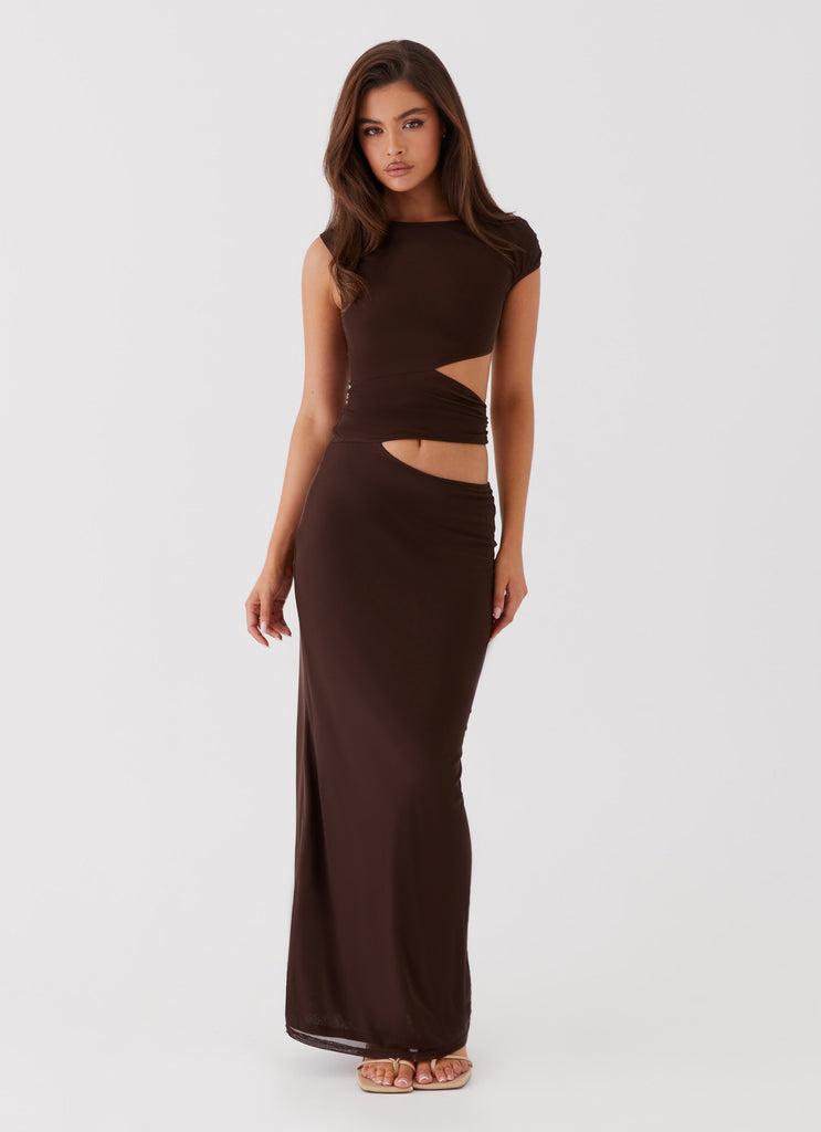 Womens Margot One Shoulder Maxi Dress in the colour Chocolate in front of a light grey background