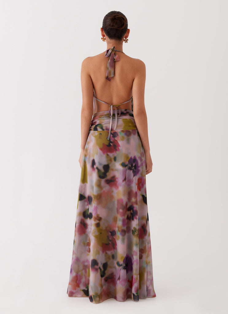 Womens Elysia Chiffon Maxi Dress in the colour Mystic Meadow in front of a light grey background