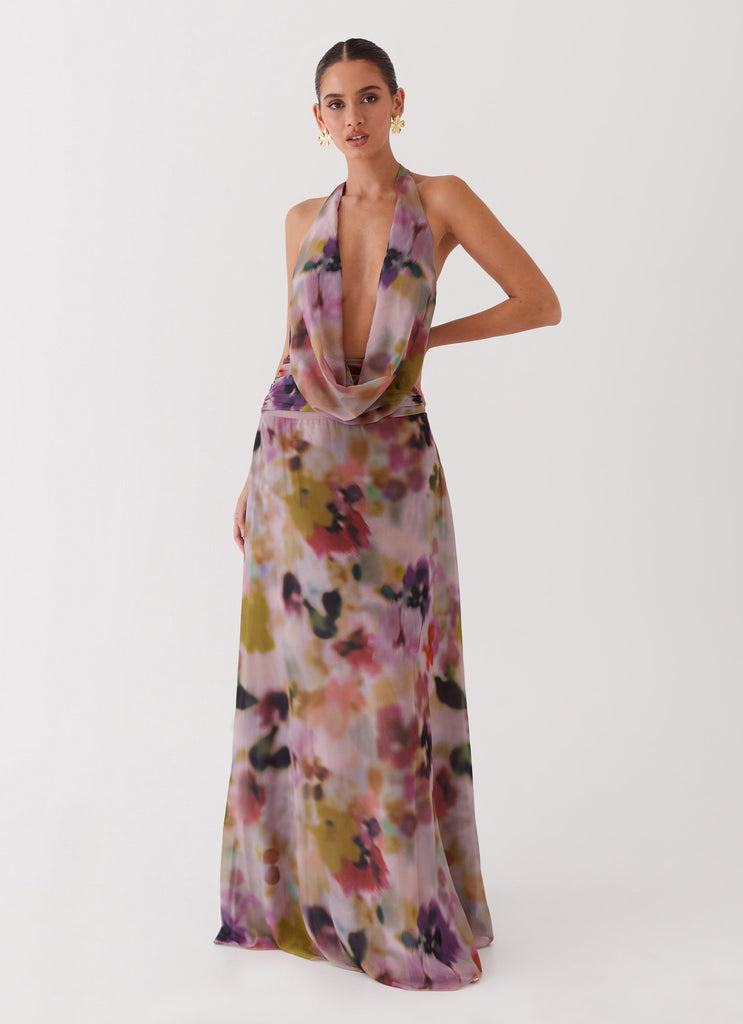 Womens Elysia Chiffon Maxi Dress in the colour Mystic Meadow in front of a light grey background