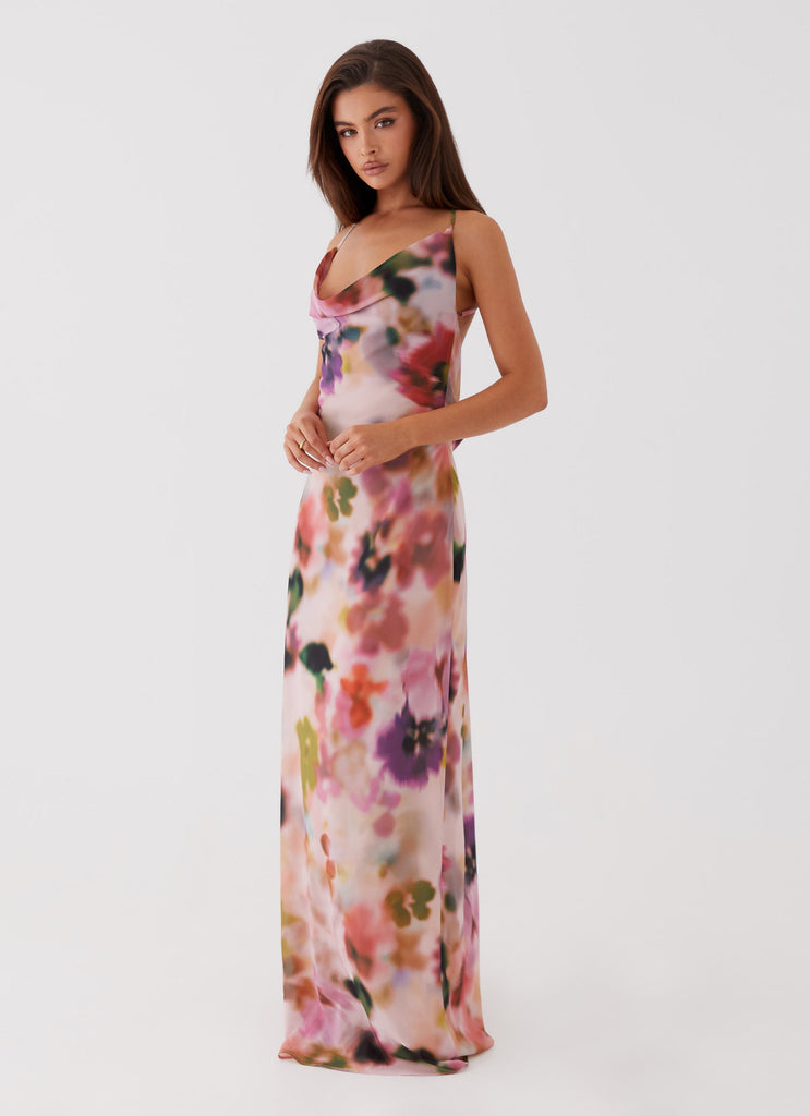 Womens Abigail Cowl Maxi Dress in the colour Mystic Meadow in front of a light grey background