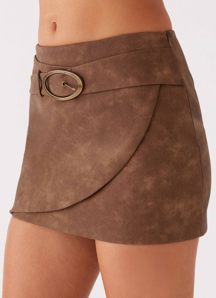 Womens West District PU Mini Skirt in the colour Brown in front of a light grey background