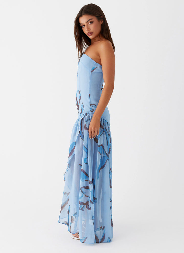 Womens Solaris Strapless Maxi Dress in the colour Blue Floral in front of a light grey background