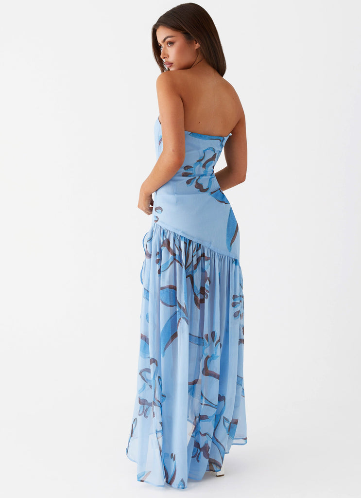 Womens Solaris Strapless Maxi Dress in the colour Blue Floral in front of a light grey background