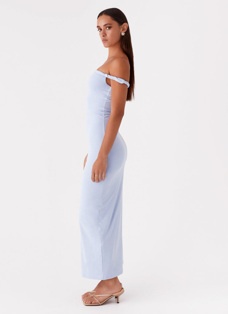 Womens Arabella Twist Shoulder Maxi Dress in the colour Blue in front of a light grey background