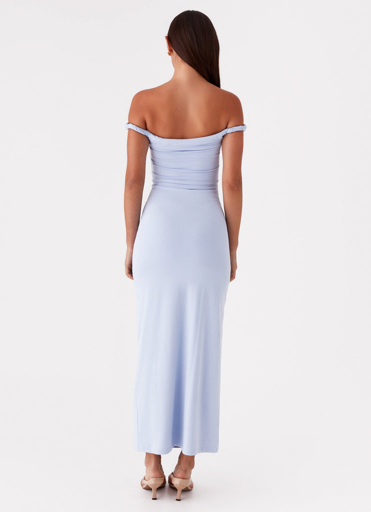 Womens Arabella Twist Shoulder Maxi Dress in the colour Blue in front of a light grey background