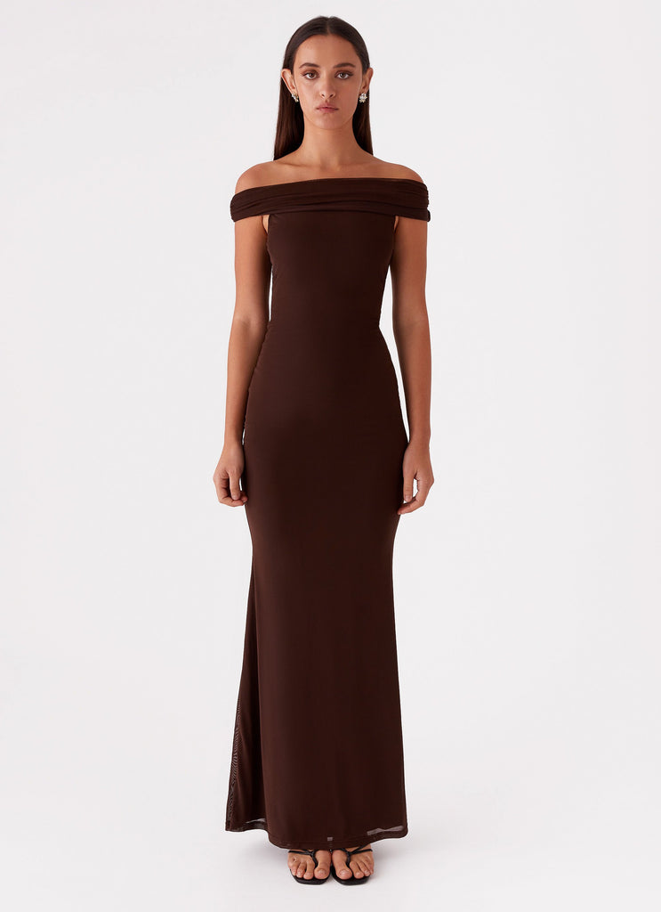 Womens Marilyn Maxi Dress in the colour Chocolate in front of a light grey background