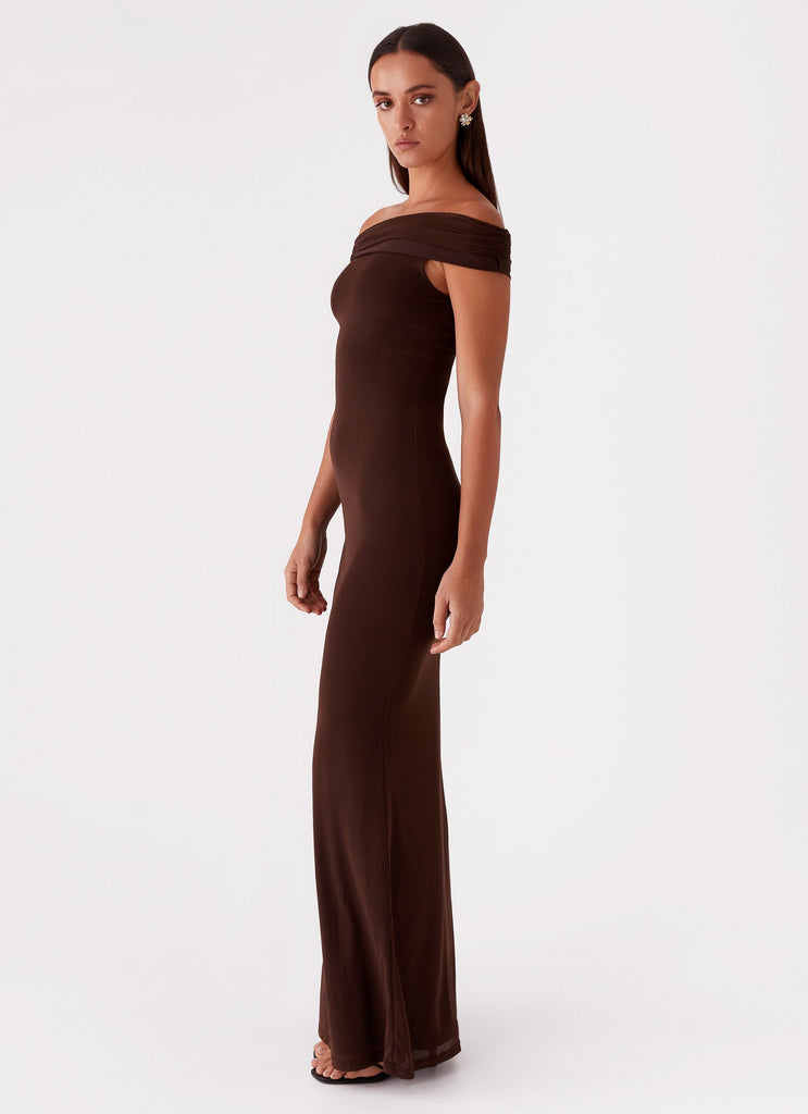 Womens Marilyn Maxi Dress in the colour Chocolate in front of a light grey background