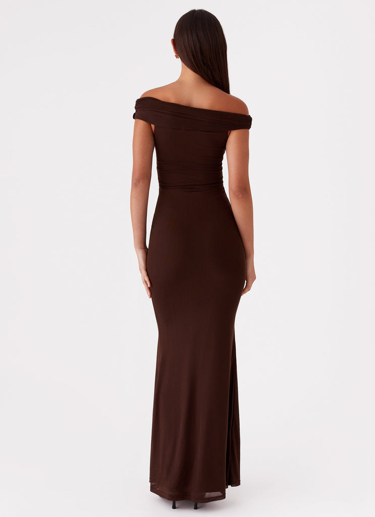 Womens Marilyn Maxi Dress in the colour Chocolate in front of a light grey background