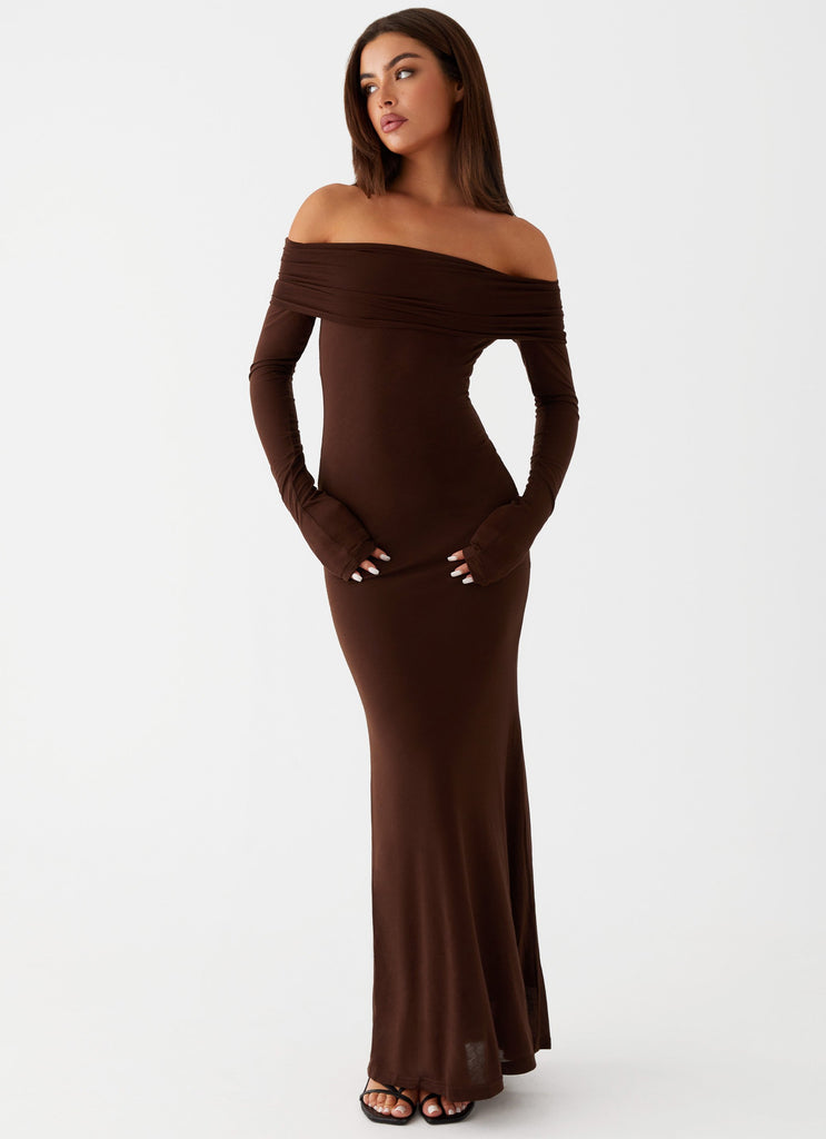 Womens Cocoa Long Sleeve Maxi Dress in the colour Chocolate in front of a light grey background