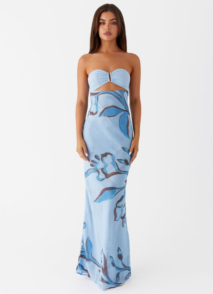 Womens Tropicana Maxi Dress in the colour Blue Floral in front of a light grey background