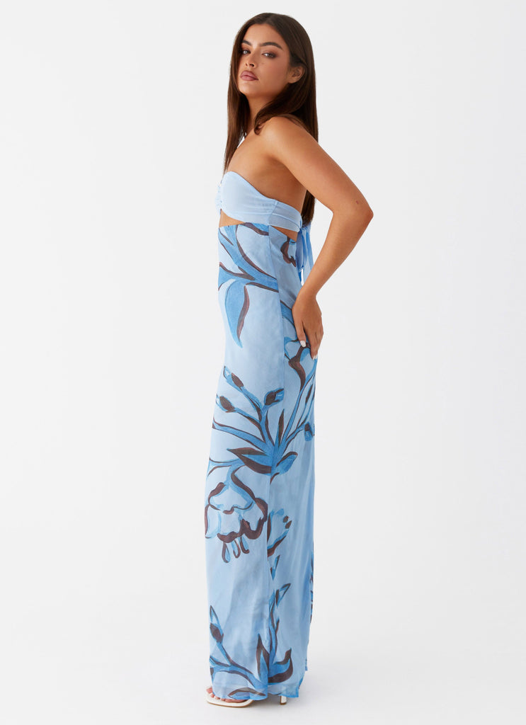 Womens Tropicana Maxi Dress in the colour Blue Floral in front of a light grey background