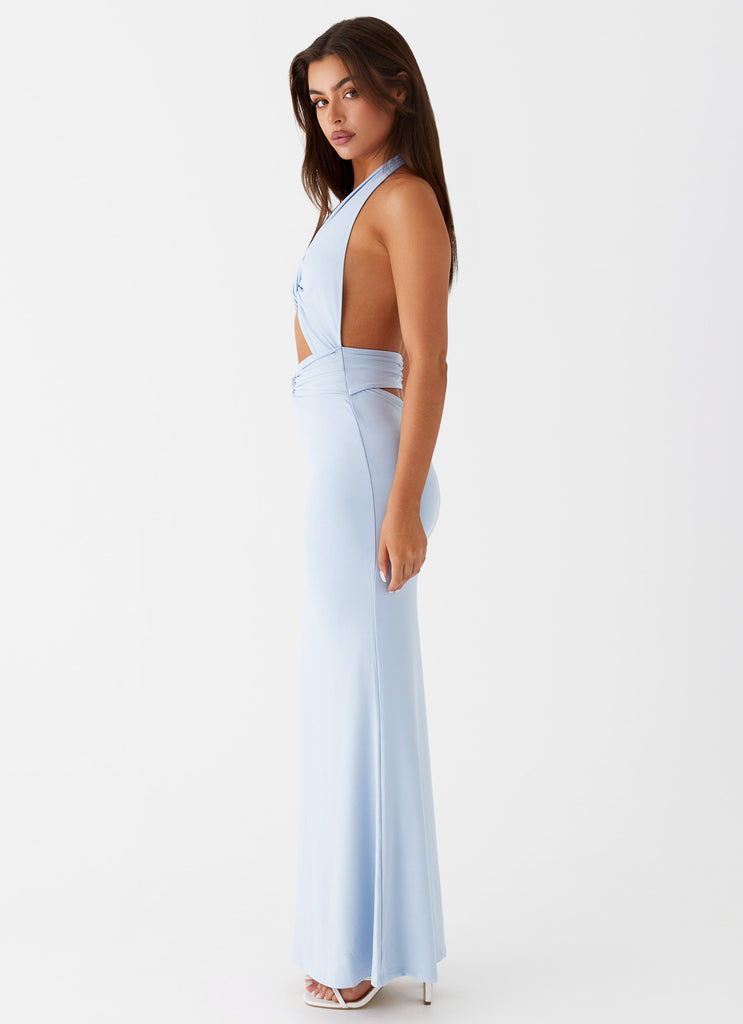 Womens Carolina Twist Maxi Dress in the colour Blue in front of a light grey background